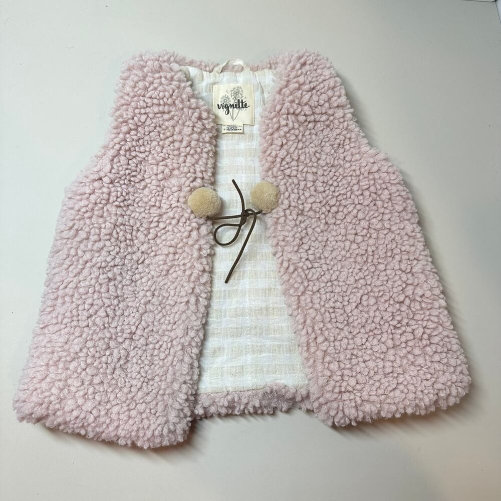 Vignette 12-28 Months Pink Sherpa Vest Tassel Pom Faux Fur Toddler Girl Gingham